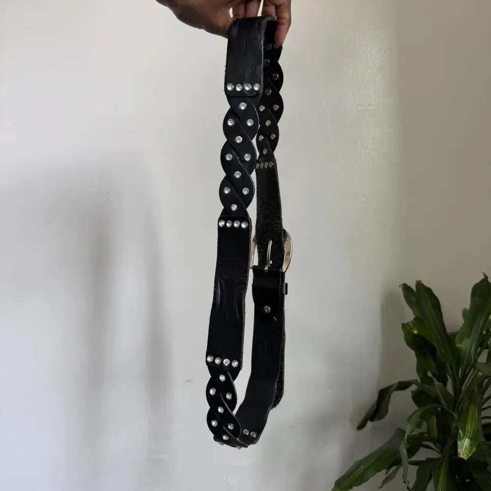 Vintage grunge Black 100% leather belt with rhinestone‎ buckle size XL